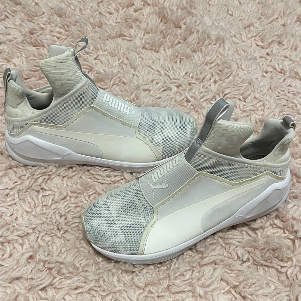 Puma White and Gray Athletic Slip-Ons